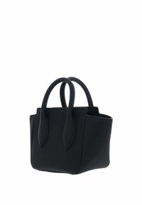 Sac fourre-tout noir en matériau texturé avec deux poignées arrondies, des côtés effilés et un haut ouvert, présentant un design minimaliste.