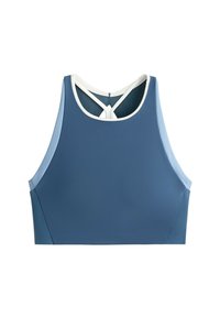Brassière de sport bleue avec panneaux latéraux bleu clair et bordure blanche autour du décolleté et des bretelles, vue de face sur fond blanc.