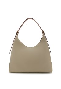 Beige leather hobo bag with a curved shape, brown leather strap, zipper closure, and subtle textured finish.