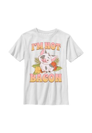 Wit T-shirt met een cartoonvarken omringd door bloemen en bladeren, en de tekst "I'M NOT BACON" in oranje en roze letters.