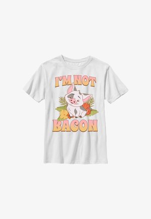 Biała koszulka z kreskówkową świnką otoczoną kwiatami i liśćmi oraz tekstem "I'M NOT BACON" w pomarańczowych i różowych literach.