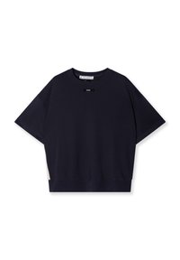 Marineblå bomulds T-shirt med korte ærmer, afslappet pasform, ribbet rund halsudskæring og en kontrasterende beige panel ved kanten. Minimalistisk branding.
