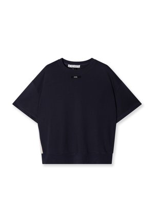 Granatowa bawełniana koszulka T-shirt z krótkim rękawem, luźny krój, ściągacz przy okrągłym dekolcie oraz kontrastowy beżowy panel u dołu. Minimalistyczne logo.
