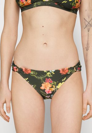 Sötétzöld virágmintás bikini alsó narancs, rózsaszín és sárga virágokkal. Oldalsó kötélek jellemzik, kör alakú fém díszítéssel. Félénk textúra.