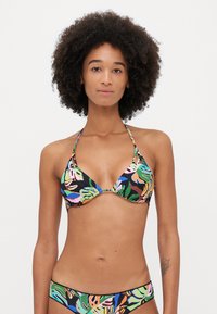 Bikini set featuring a black base with colorful leaf patterns. The top has a triangular shape with thin straps and a center knot detail.