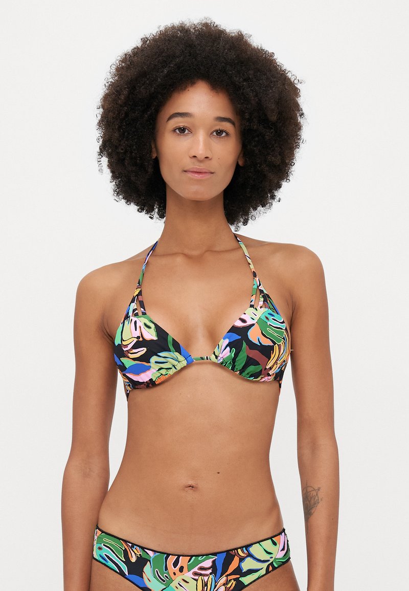 Bikini set featuring a black base with colorful leaf patterns. The top has a triangular shape with thin straps and a center knot detail.