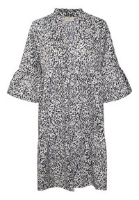 Chemise noir et blanc à motif avec col, manches évasées et coupe décontractée. Dispose d'une fermeture à boutons sur le devant et d'une texture de tissu douce.