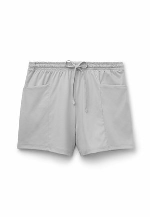 Jasnoszare szorty wykonane z miękkiego materiału, z elastycznym pasem i sznurkiem do regulacji oraz dwiema bocznymi kieszeniami. Prosty design bez wzorów.
