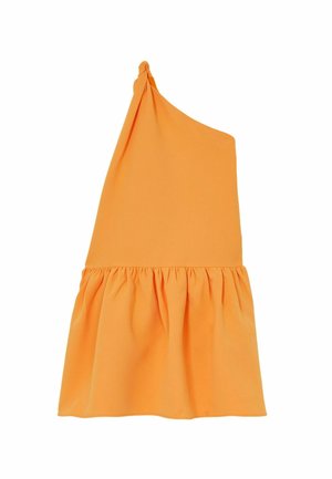 Hellorange Ein-Schulter-Kleid mit Knotendetail am Träger und einem gerafften, gekräuselten Rockteil.