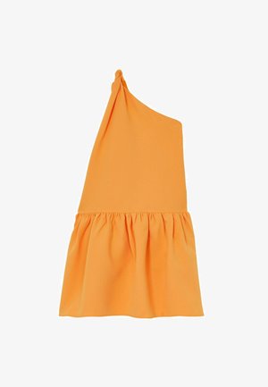 Hellorange Ein-Schulter-Kleid mit Knotendetail am Träger und einem gerafften, gekräuselten Rockteil.