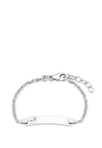 Braccialetto in argento con un design a catena intrecciata e una placca rettangolare piatta con un piccolo intaglio a forma di farfalla. Chiusura regolabile con catena di estensione.