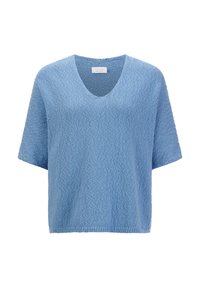 Helles blaues, kurzärmliges Oberteil mit V-Ausschnitt, aus strukturiertem Stoff, mit lockerer Passform und geradem Saum.