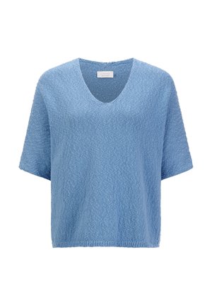 Helles blaues, kurzärmliges Oberteil mit V-Ausschnitt, aus strukturiertem Stoff, mit lockerer Passform und geradem Saum.