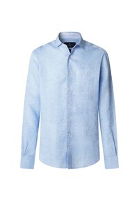 Camicia a maniche lunghe di colore azzurro chiaro realizzata in lino, con una chiusura a bottoni frontale e un piccolo logo ricamato sul petto. Texture morbida.