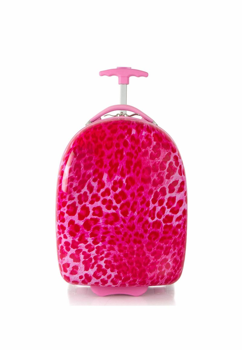 Valigia rigida rosa con finitura lucida, caratterizzata da un motivo a stampa leopardata, manico retrattile e dettagli rosa.
