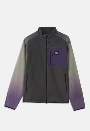 Fleece jaka ar augstu apkakli, pakāpeniski pārējot no pelēkas uz purpura krāsu piedurknēm, priekšējā kabata, ar rāvējslēdzēju aizdari un EA7 emblēmu uz krūtīm.