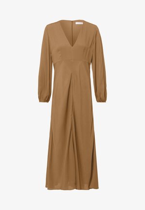 Brązowa sukienka midi z długimi rękawami, dekoltem w serek, marszczonymi mankietami i subtelnym przednim zakładkowym detalem.