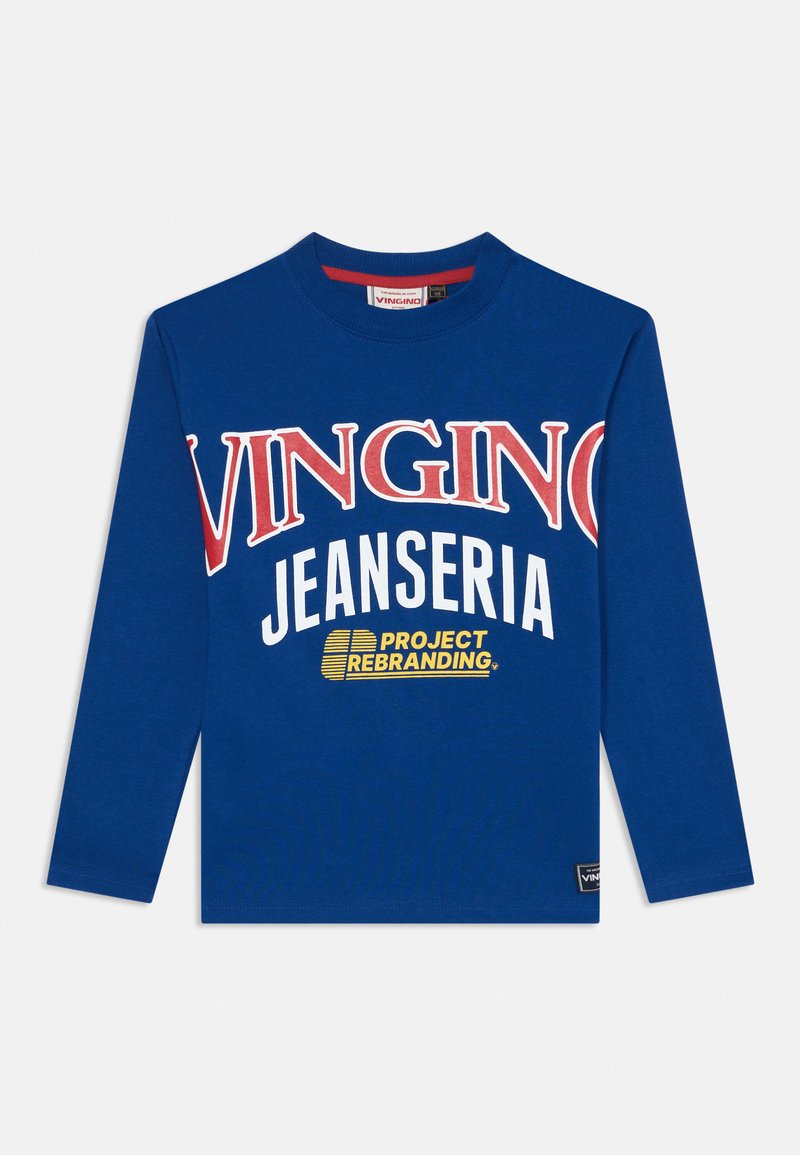 Blå langermet T-skjorte laget av bomull med rund hals. Har iøynefallende røde og hvite grafikker: "VINGINO JEANSERIA" og "PROJECT REBRANDING."