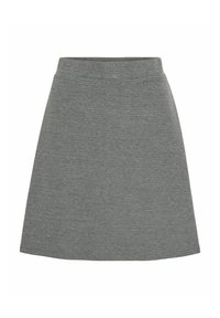 Mini-jupe grise à côtes avec une taille ajustée et un ourlet évasé, présentant un tissu texturé qui ajoute une dimension subtile. Pas de quincaillerie ni de motifs visibles.