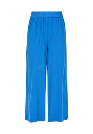 Pantalons larges bleus avec une taille élastique, en tissu doux, présentant un tombé fluide et une longueur jusqu'aux chevilles. Aucun motif ni embellissement.