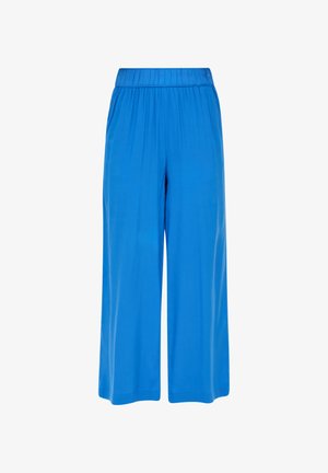 Pantalons larges bleus avec une taille élastique, en tissu doux, présentant un tombé fluide et une longueur jusqu'aux chevilles. Aucun motif ni embellissement.