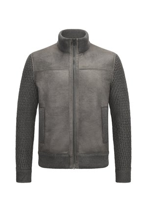 Graue Zip-up-Jacke mit gerippten Strickärmeln, Kragen und Saum, mit zwei vertikalen Fronttaschen und einem samtartigen, strukturierten Körper.