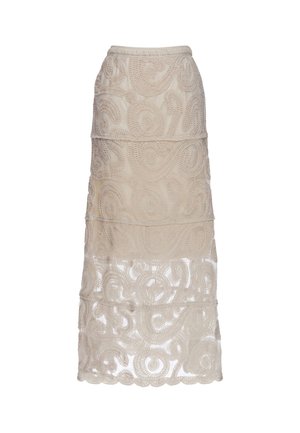 Gonna midi in pizzo beige con motivi ricamati floreali e a spirale e sezione inferiore semi-trasparente.