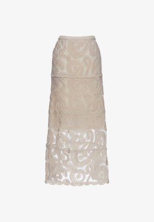 Beige kanten midirok met bloem- en krulborduurpatronen en een halftransparant onderste gedeelte.