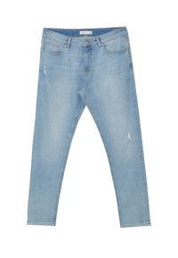 Jeans in denim blu chiaro con una vestibilità slim, caratterizzati da dettagli strappati, cinque tasche e una vita standard con chiusura a bottone.