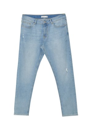 Hellblaue Denim-Jeans mit schlanker Passform, die über distressed Details, fünf Taschen und einen regulären Bund mit Knopfverschluss verfügen.