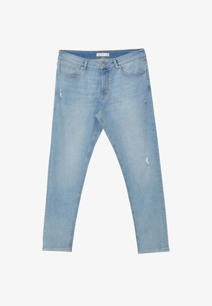 Hellblaue Denim-Jeans mit schlanker Passform, die über distressed Details, fünf Taschen und einen regulären Bund mit Knopfverschluss verfügen.