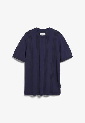 Kurzärmeliger marineblauer Strickpullover mit vertikalen Rippenmustern und rundem Halsausschnitt, präsentiert vor weißem Hintergrund.