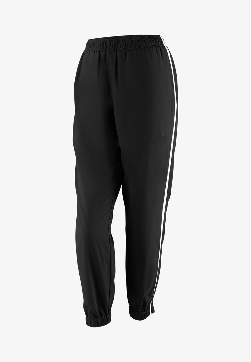 Pantalones deportivos negros con cinturilla elástica, raya lateral blanca, diseño de pierna ajustada y puños elásticos en el tobillo. Tejido suave y duradero.