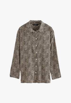 Langärmliges Hemd mit Knöpfen, beige-schwarzem Leopardenmuster und spitzem Kragen.