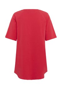 T-shirt rossa a maniche corte con scollatura rotonda e design morbido, caratterizzata da una texture liscia e orlo dritto sul retro.