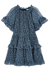 Sininen leopardinprintti mekko, jossa on frilliset hihat ja helma. Valmistettu kevyestä kankaasta, jossa on kerrostettu muotoilu ja elastinen pääntie.