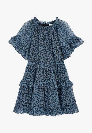 Blauw luipaardprint jurkje met gerimpelde mouwen en zoom. Gemaakt van lichtgewicht stof, met een gelaagd ontwerp en een elastische halslijn.