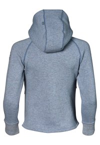 Gråblå hoodie med en texturerad stickning, med snörning i huvan, ribbade ärmar och subtila sömdetaljer. Liten flaggdekal på huvan.