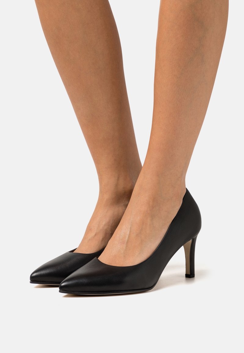Jambes portant des escarpins en cuir noirs à bout pointu avec des talons fins de hauteur moyenne sur fond blanc.
