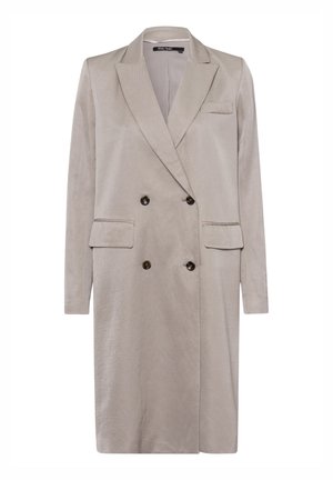 Beige Double-Breasted-Blazer aus strukturiertem Stoff, mit Reverskragen, zwei Fronttaschen und einer Brusttasche.