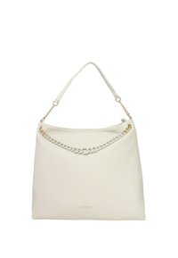 Borsa bianca in pelle con una finitura testurizzata, caratterizzata da un accento in catena dorata sulla parte superiore e una lunga tracolla per il trasporto.