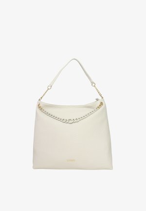 Borsa bianca in pelle con una finitura testurizzata, caratterizzata da un accento in catena dorata sulla parte superiore e una lunga tracolla per il trasporto.