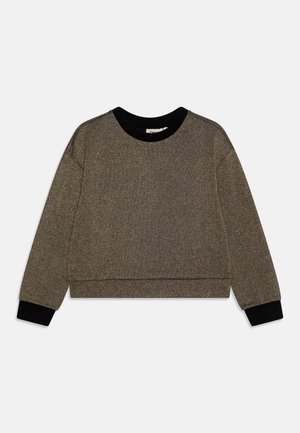 Maglione a maniche lunghe con scollo tondo in tessuto bronzo metalizzato, colletto nero e polsini neri, mostrato su sfondo bianco.