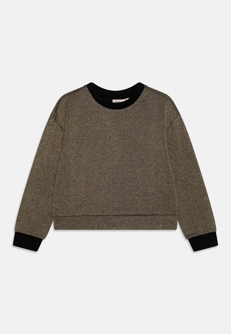 Pull à encolure ronde à manches longues en tissu métallique bronze, col noir et poignets noirs, présenté sur fond blanc.