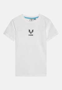 Witte katoenen t-shirt met een zwart geborduurd logo op de borst. Korte mouwen en een ronde halslijn met een lichtblauwe binnenrand.
