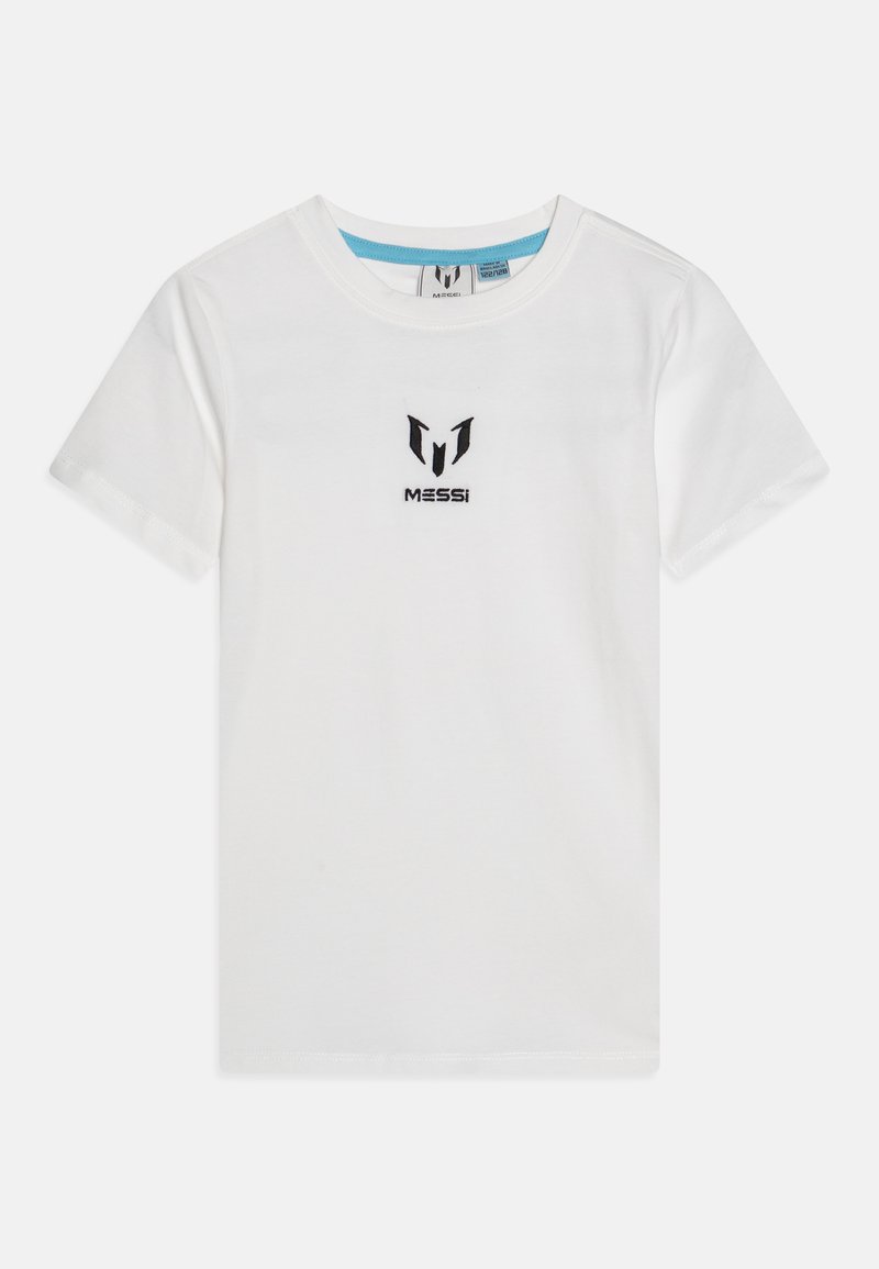 Weißes Baumwoll-T-Shirt mit einem schwarzen gestickten Logo auf der Brust. Kurze Ärmel und ein runder Halsausschnitt mit einem hellblauen Innenrand.