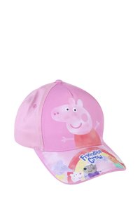 Casquette de baseball rose en tissu, avec un grand graphique de Peppa Pig à l'avant, avec une visière incurvée et le texte "Équipe de l'amitié".