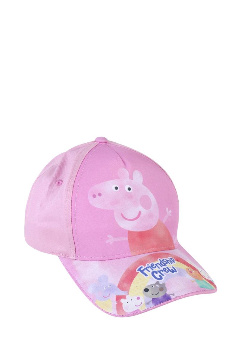 Casquette de baseball rose en tissu, avec un grand graphique de Peppa Pig à l'avant, avec une visière incurvée et le texte "Équipe de l'amitié".
