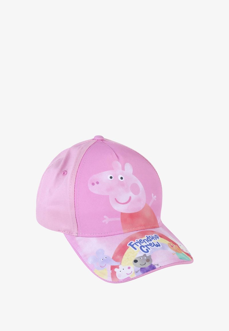 Cappellino da baseball rosa in tessuto, con una grande grafica di Peppa Pig sulla parte anteriore, dotato di visiera curva e testo "Friendship Crew".