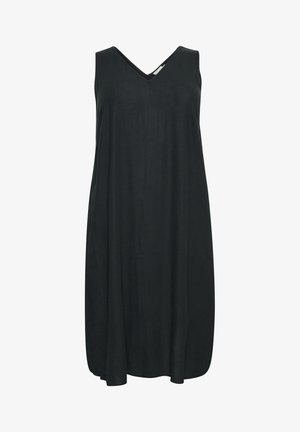 Schwarzes ärmelloses Kleid mit V-Ausschnitt, lockerer Passform und weicher, glatter Textur. Der Stoff hat ein leichtes, fließendes Erscheinungsbild.